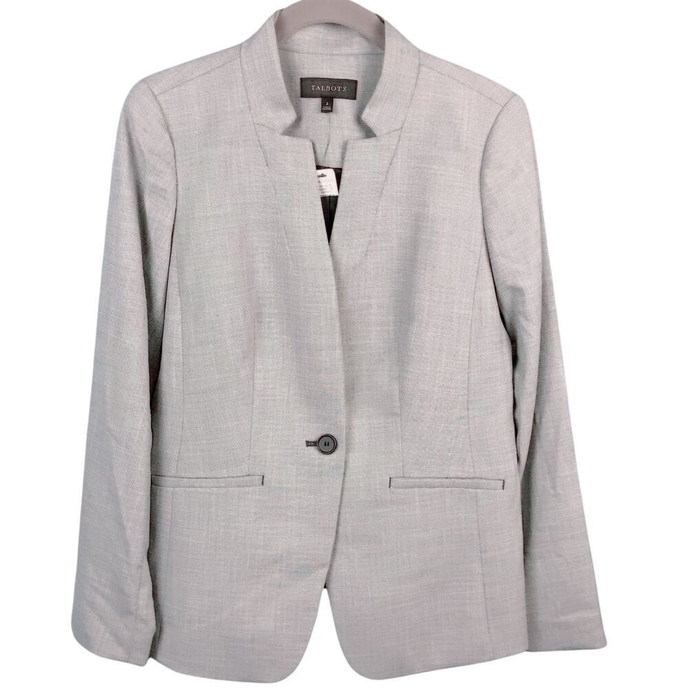 Talbots Women's Light Gray Single Button Stand Collar Lined Blazer Jacket Size 2